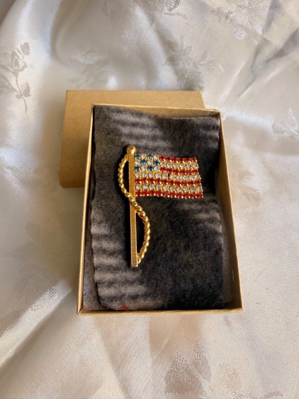 Gold-Tone Red-White-Blue Rhinestone American Flag Brooch Pin